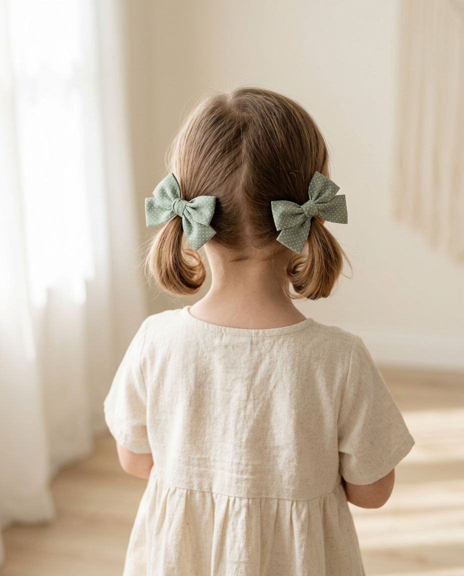 Eucalyptus Dot Bow Set — worn in a child's hair