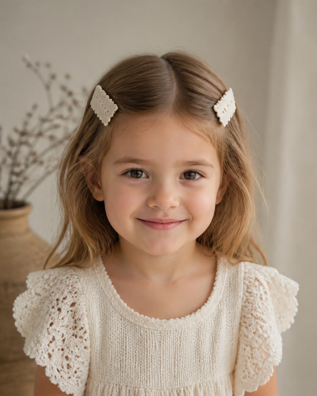 Eyelet Blossom Clip Set — worn in a child's hair