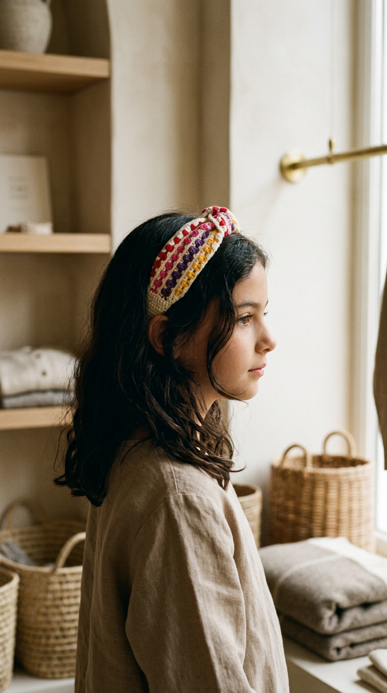 Fiesta Stripe Crochet Knot Headband — worn in a child's hair