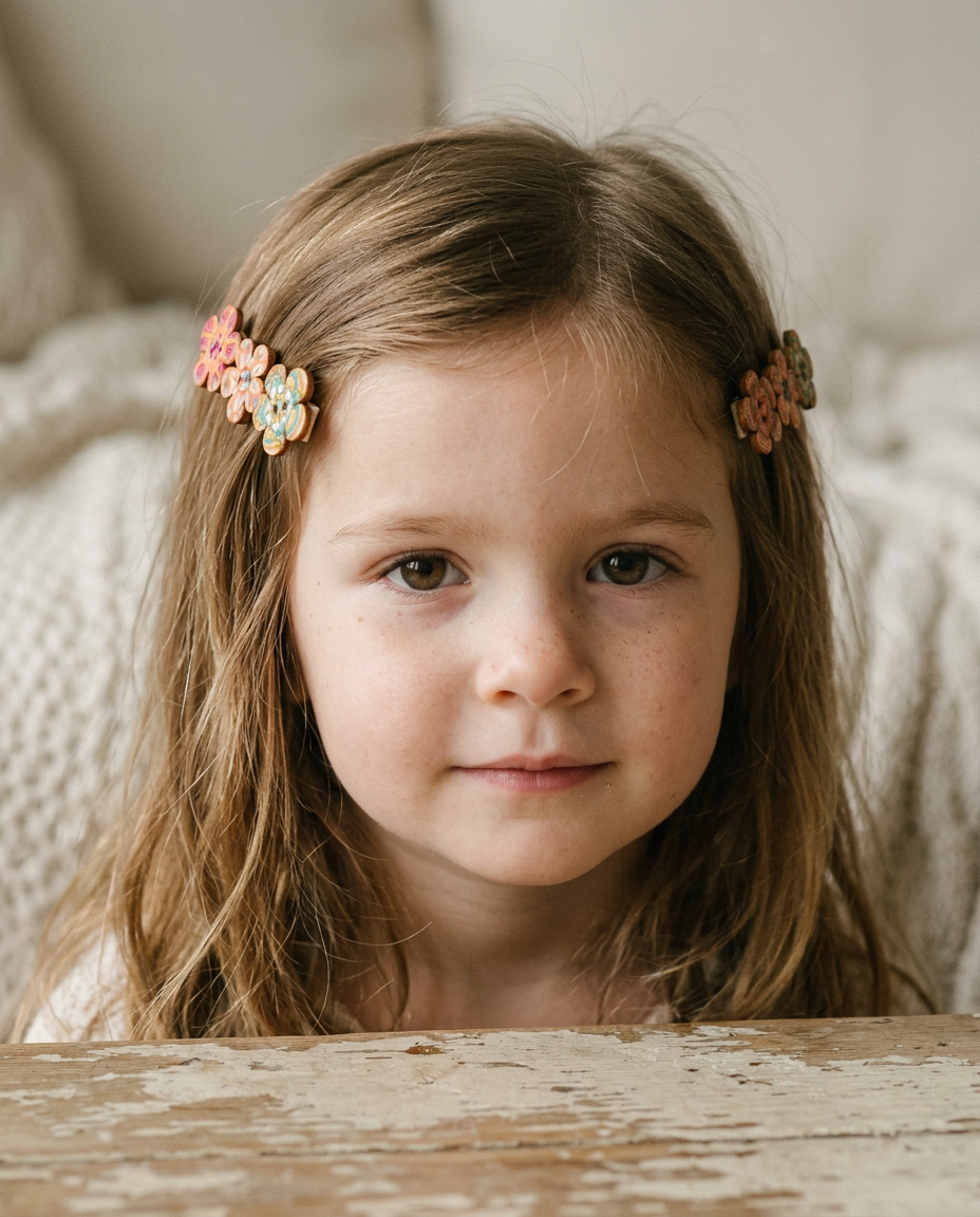 Folk Floral Wooden Clip Set — worn in a child's hair