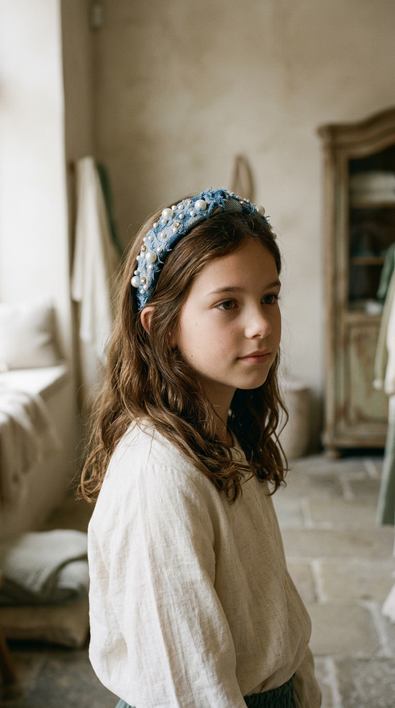 Frayed Denim Pearl Headband — worn in a child's hair