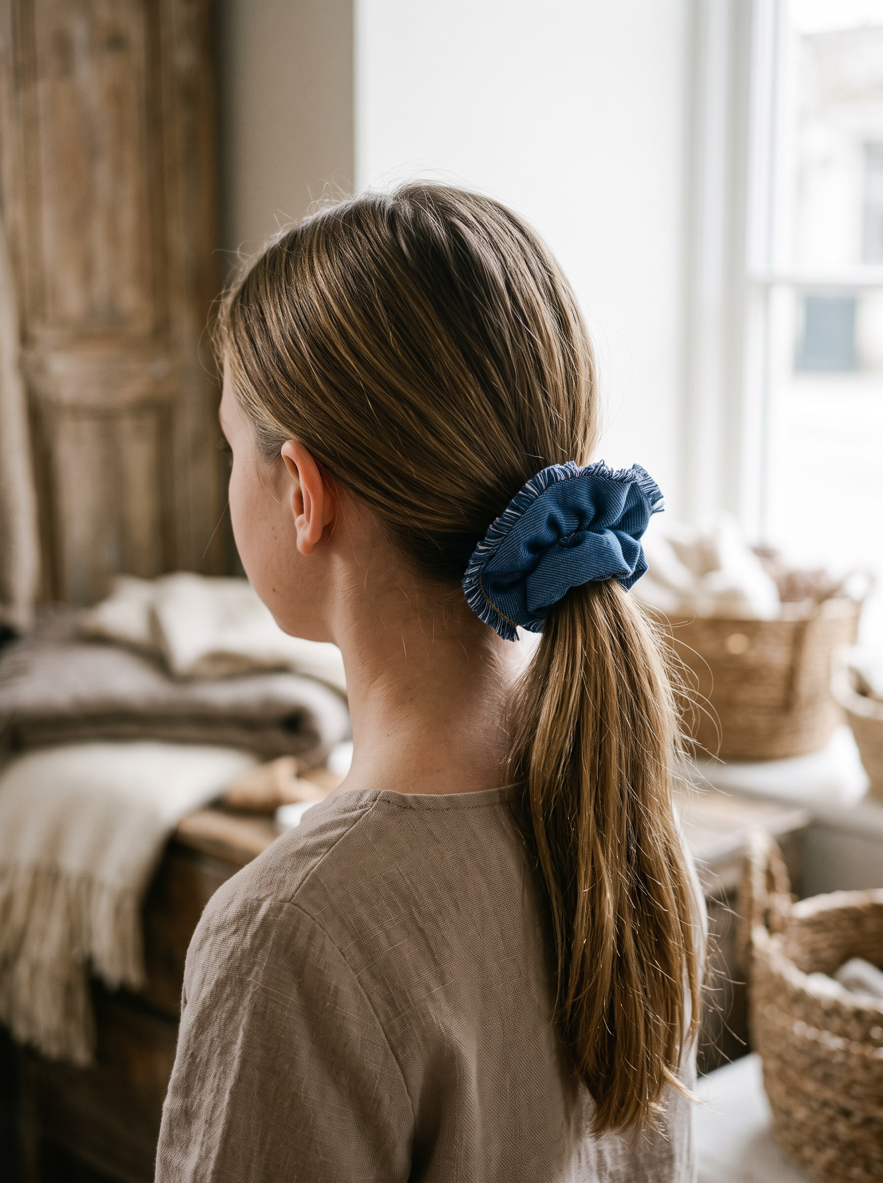 Frayed Denim Scrunchie — worn in a child's hair
