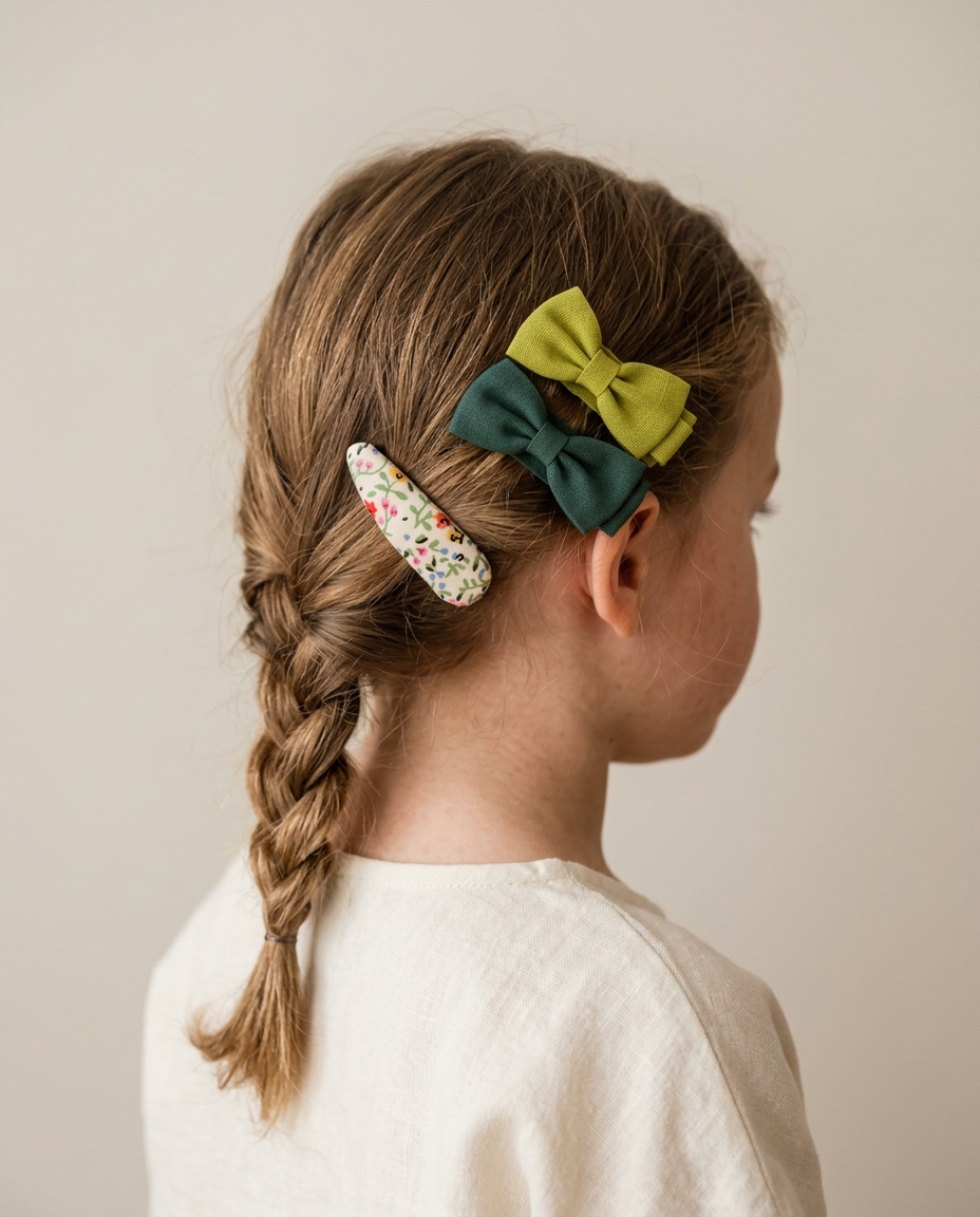 Garden Green Bow & Clip Set — worn in a child's hair