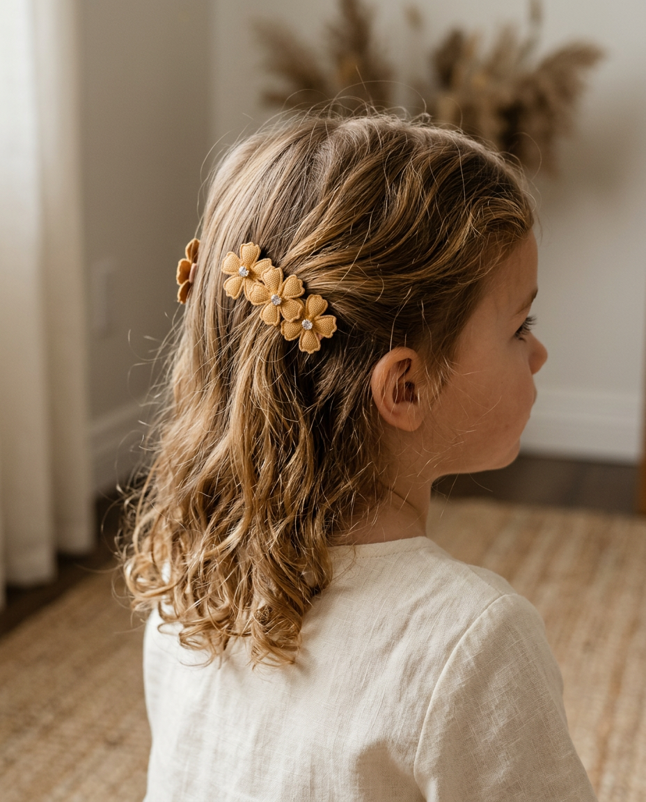 Golden Honey Blossom Clip Set — worn in a child's hair