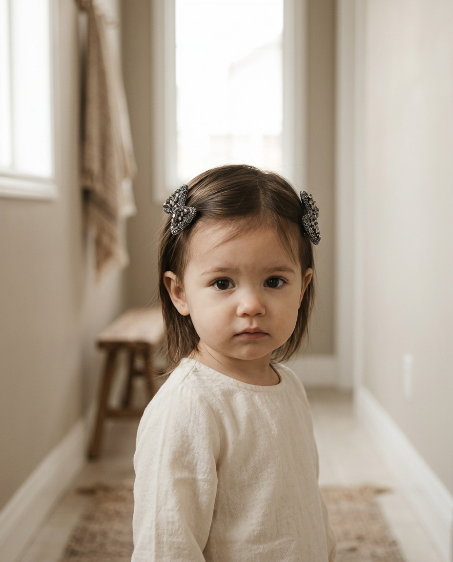 Gunmetal Crystal Bow Set — worn in a child's hair
