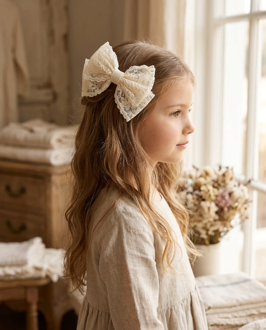 Heirloom Lace Bow — worn in a child's hair