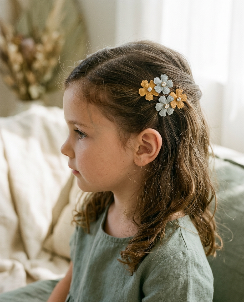 Honey & Blue Blossom Clip Set — worn in a child's hair