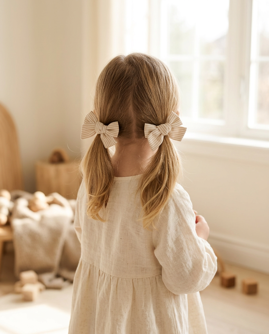 Honey Stripe Bow Set — worn in a child's hair