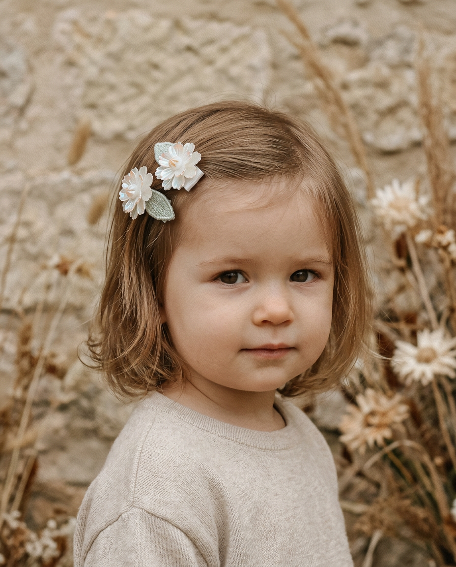 Iridescent Daisy & Leaf Clip Set — worn in a child's hair