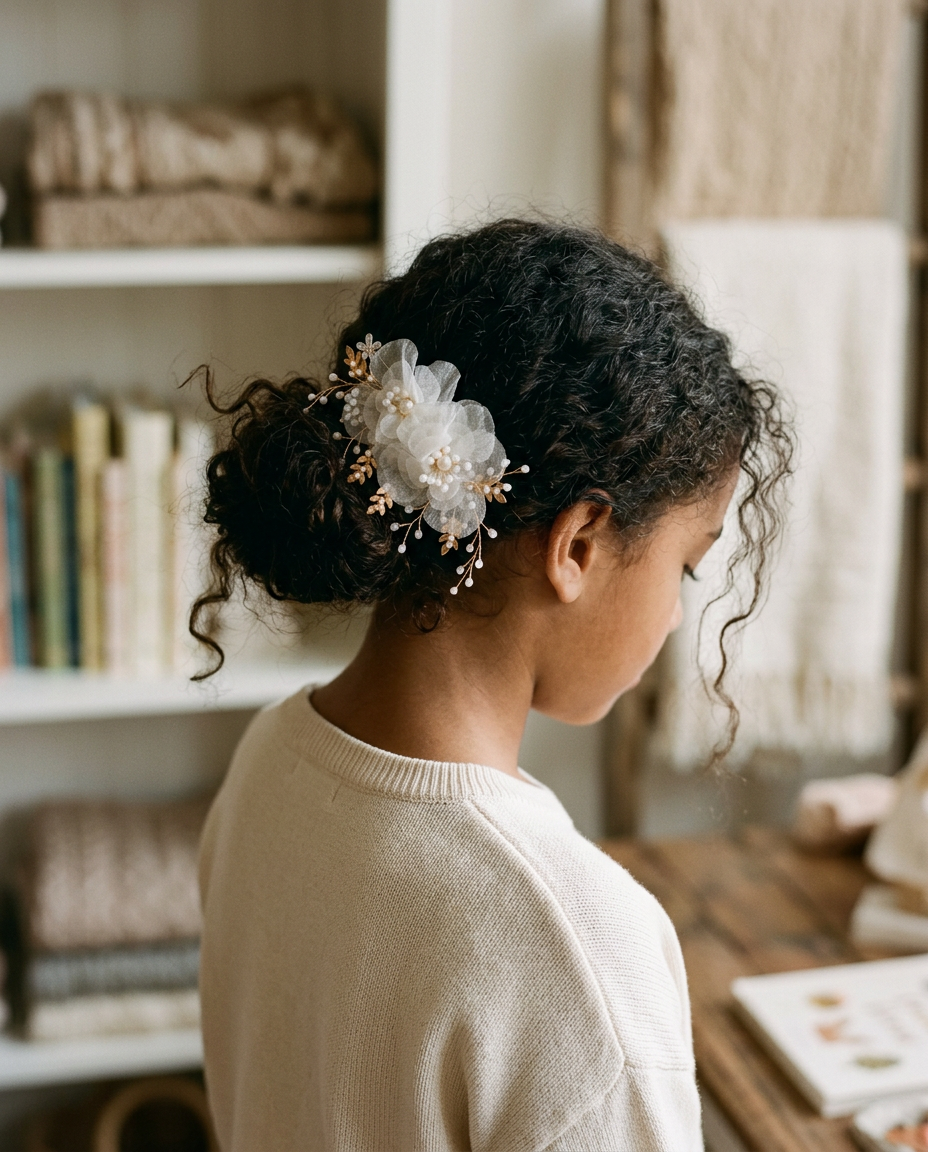 Ivory Blossom Pearl Vine Clip — worn in a child's hair