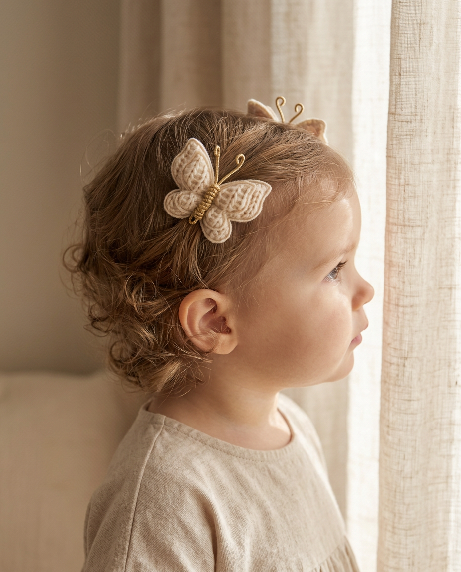 Ivory Crochet Butterfly Clip Set — worn in a child's hair