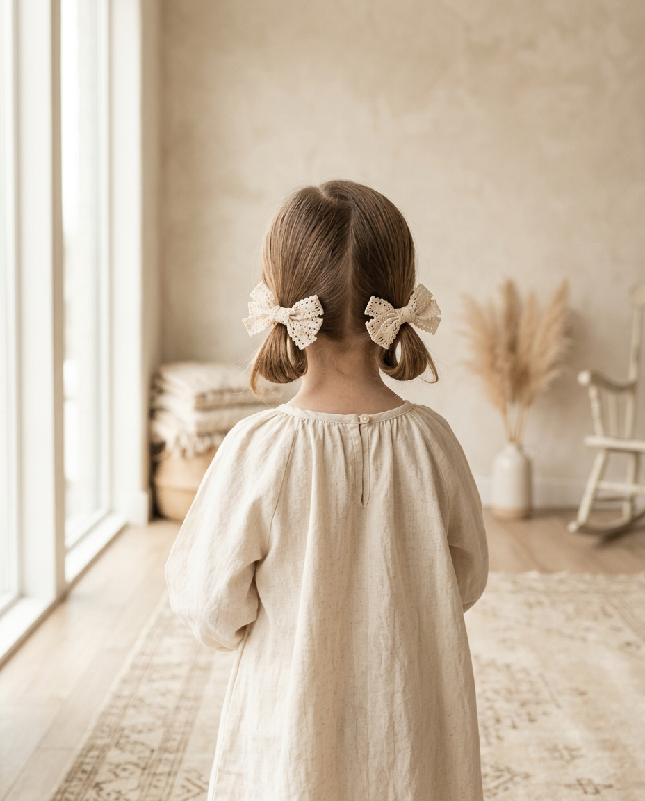 Ivory Crochet Lace Bow Set — worn in a child's hair