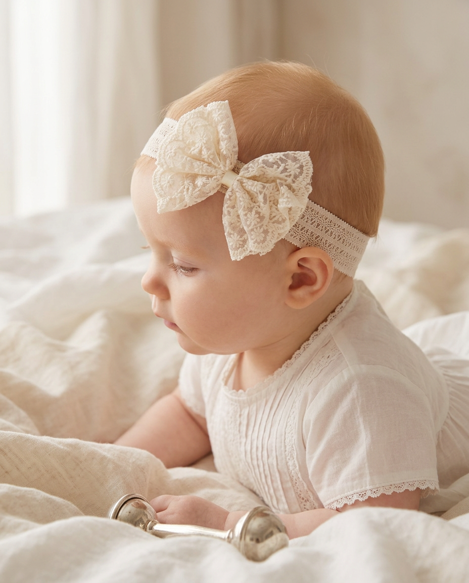 Ivory Daisy Lace Bow Headband — worn in a child's hair