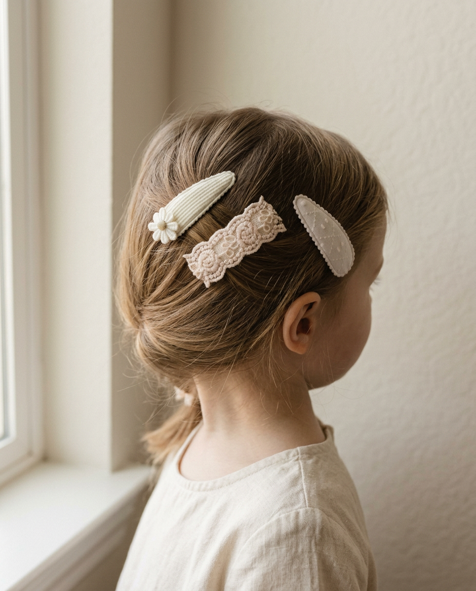 Ivory Daisy & Lace Clip Set — worn in a child's hair