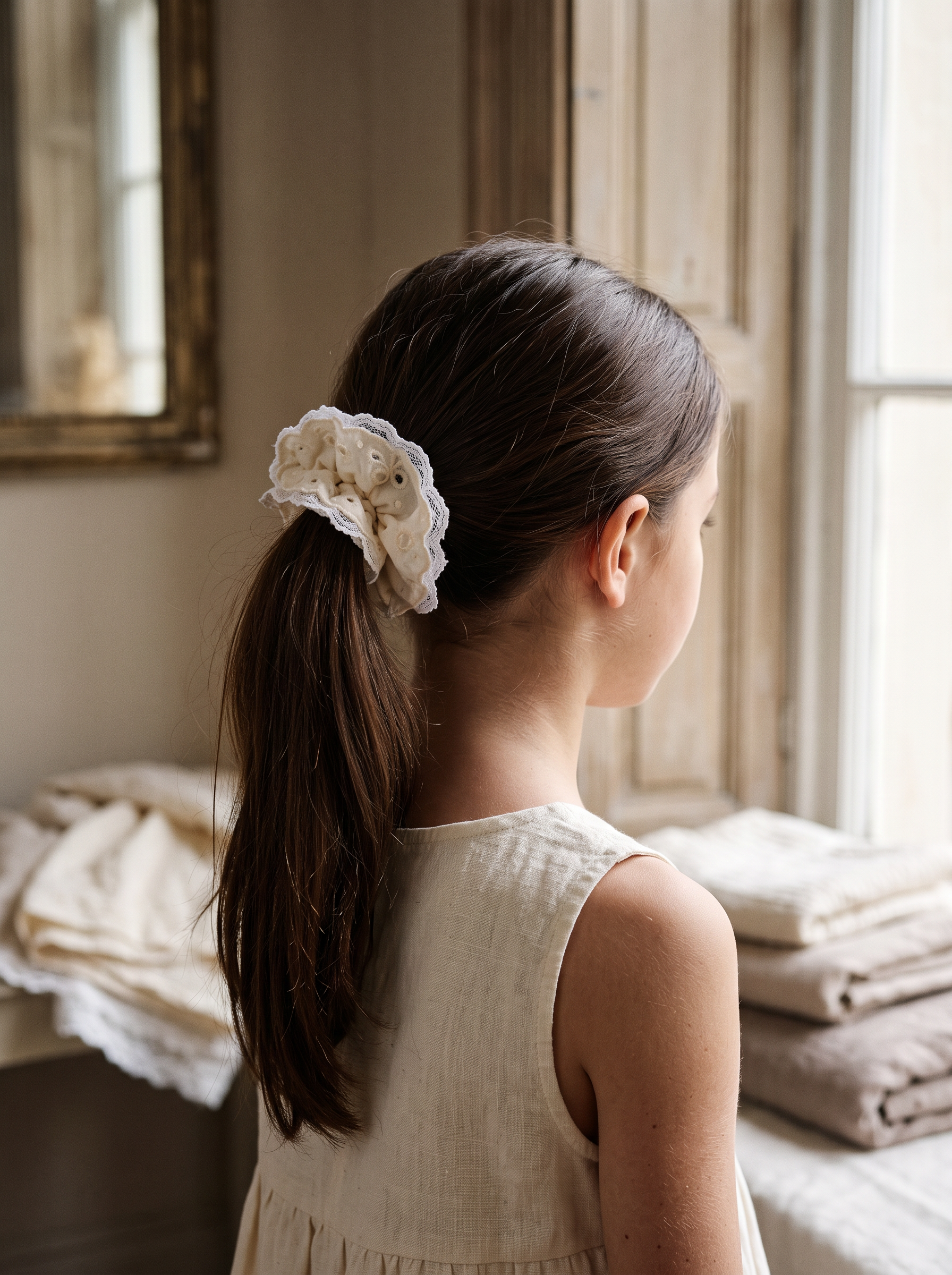 Ivory Eyelet Lace Scrunchie — worn in a child's hair