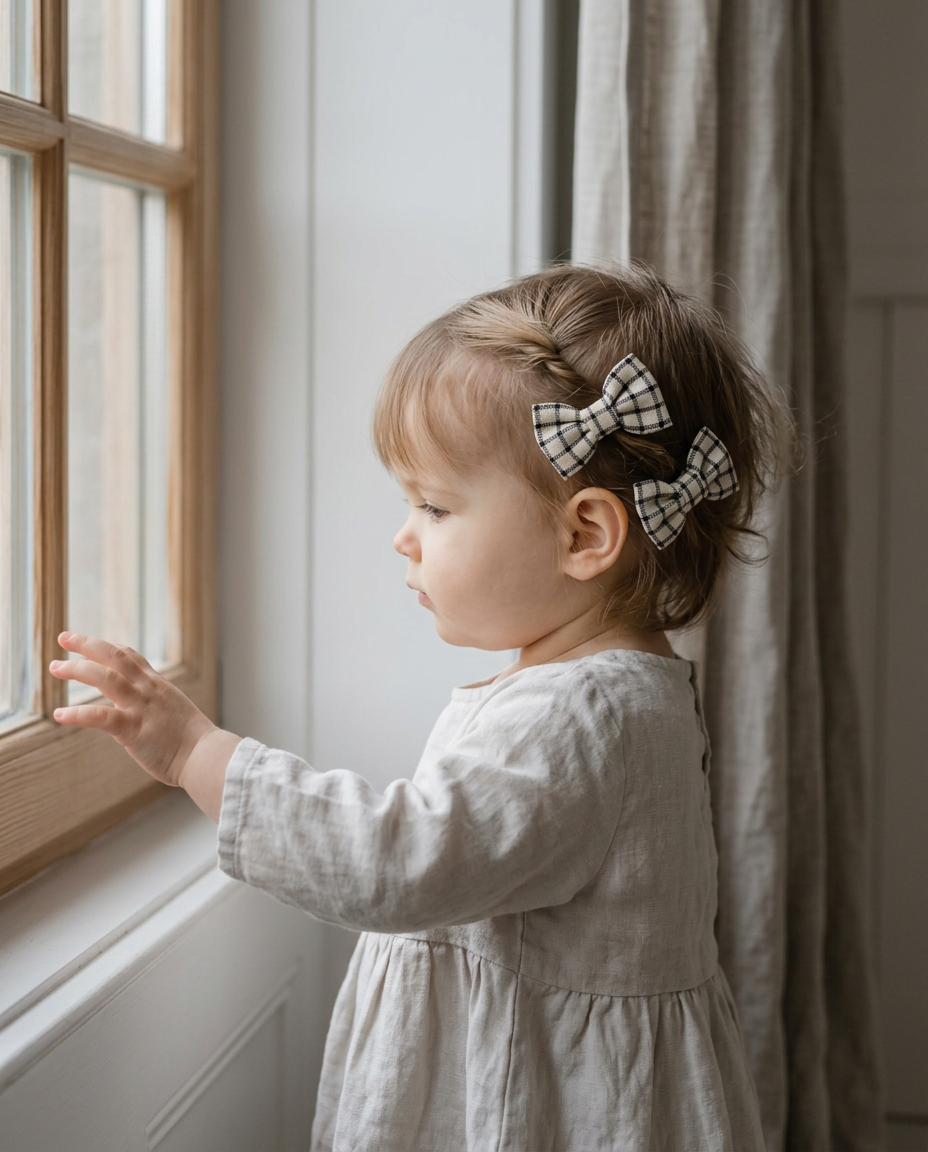 Ivory & Noir Check Bow Set — worn in a child's hair