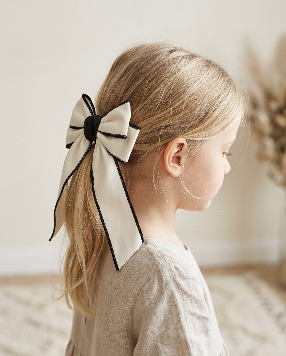 Ivory Noir-Trim Leather Sailor Bow — worn in a child's hair