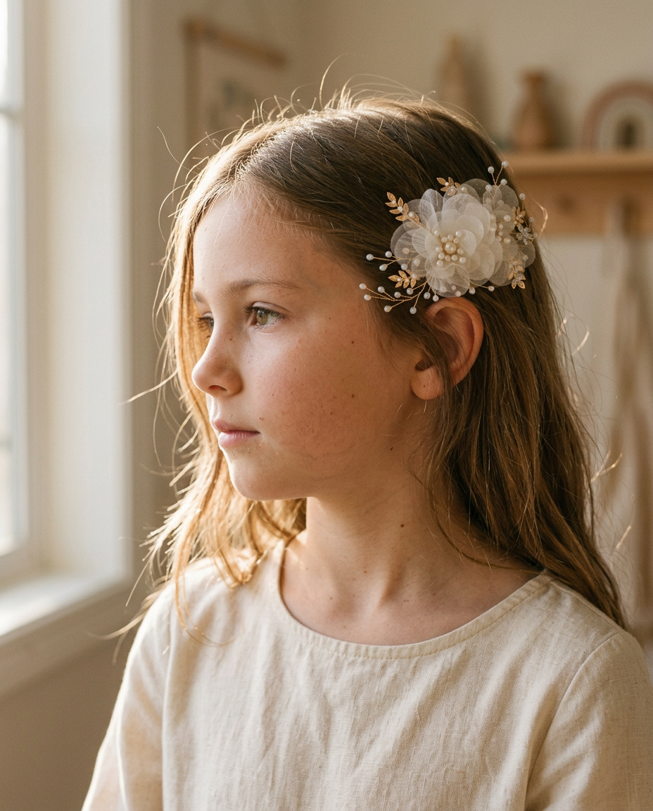 Ivory Organza Bloom Clip — worn in a child's hair