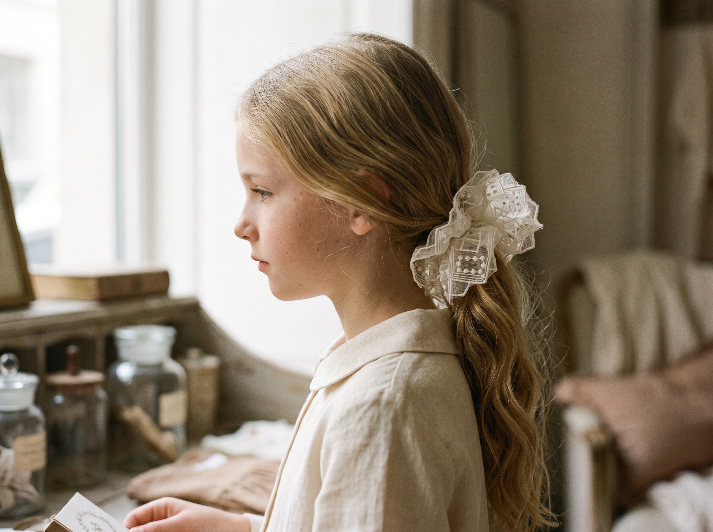 Antique Lace Ruffle Scrunchie — worn in a child's hair