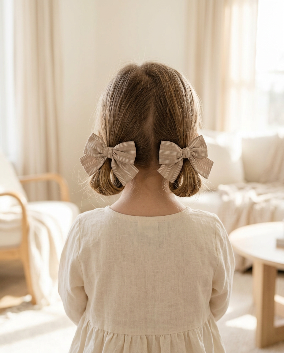 Latte Stripe Bow Set — worn in a child's hair