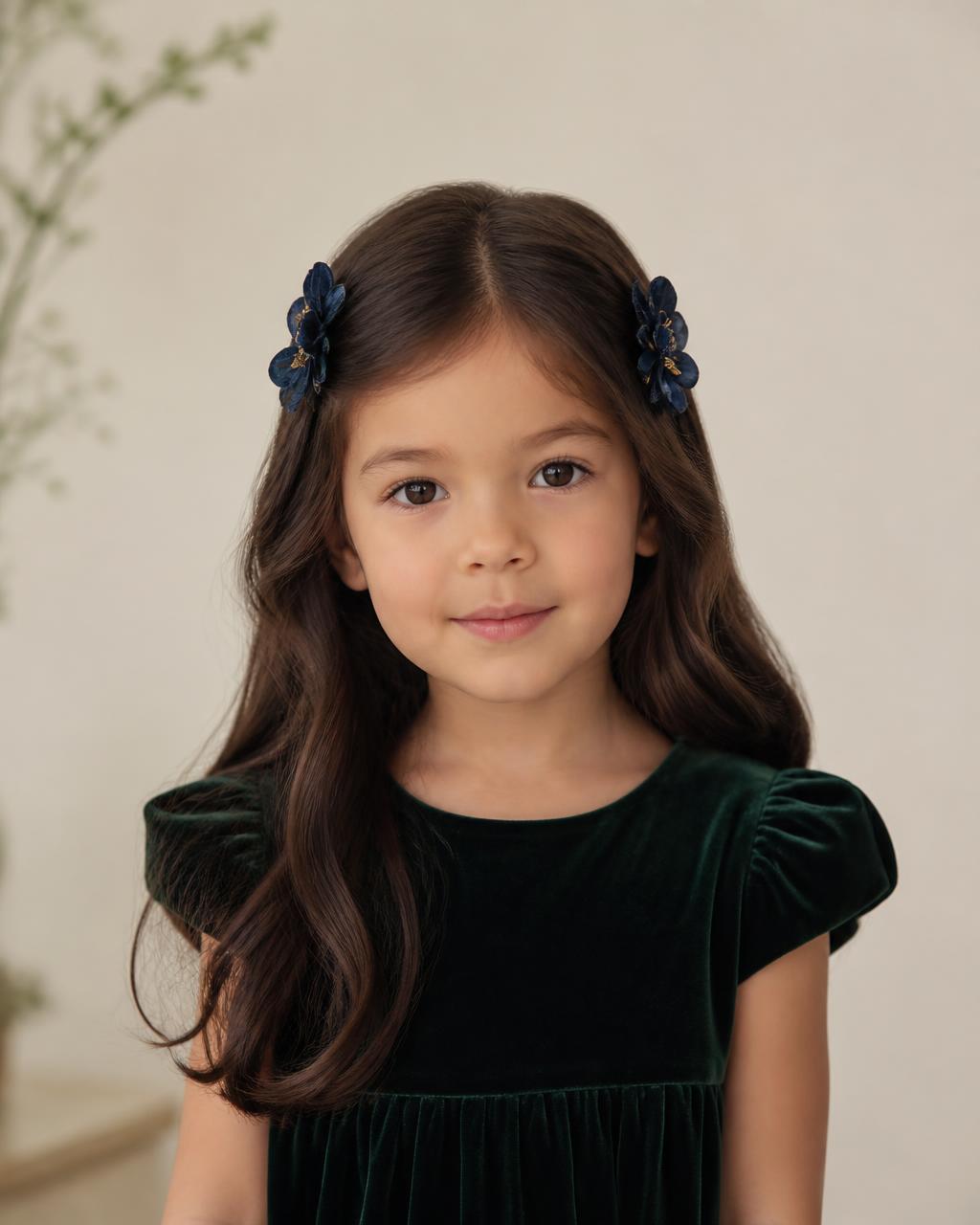Midnight Bloom Clip Set — worn in a child's hair