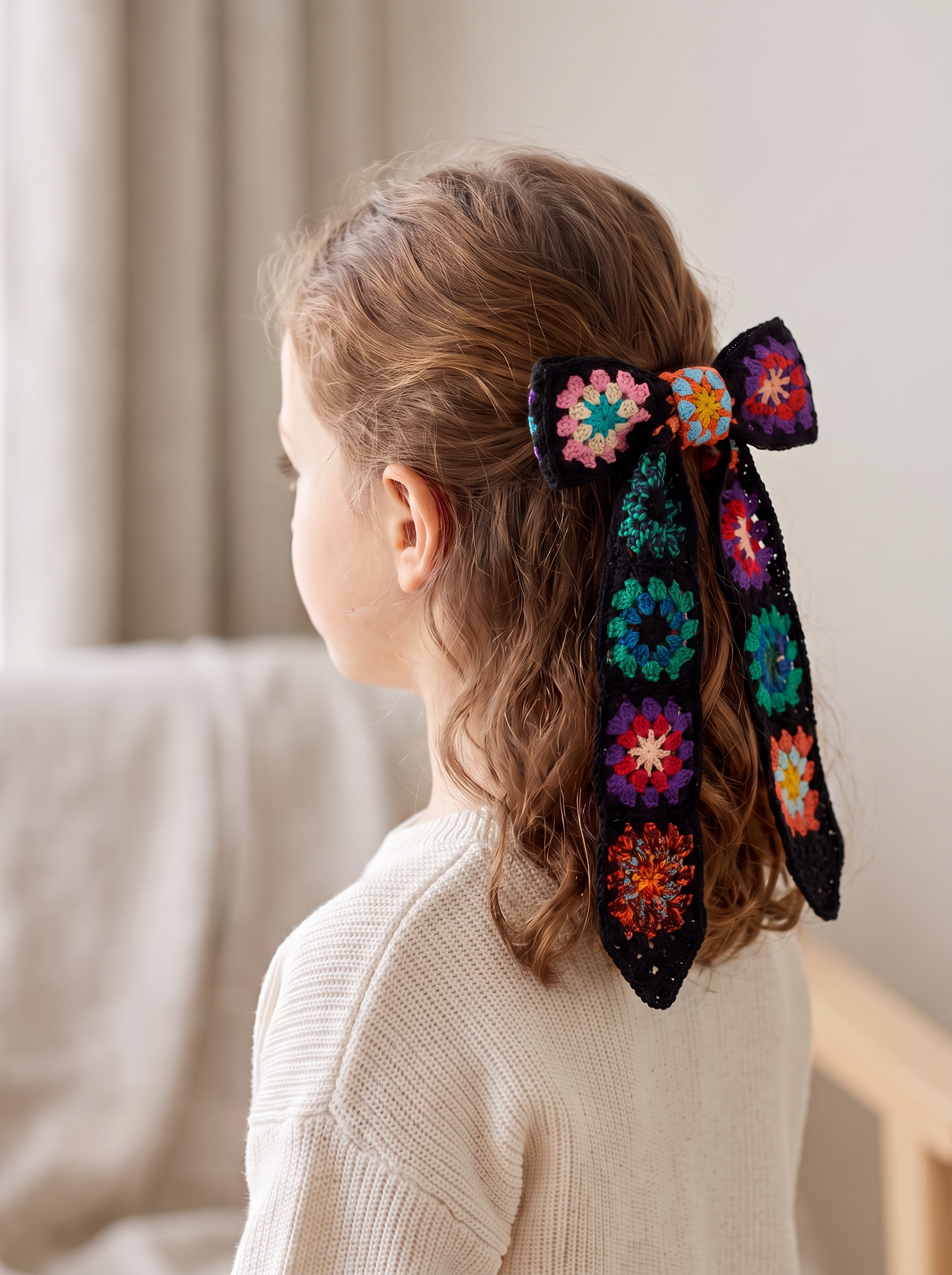 Midnight Garden Crochet Bow — worn in a child's hair