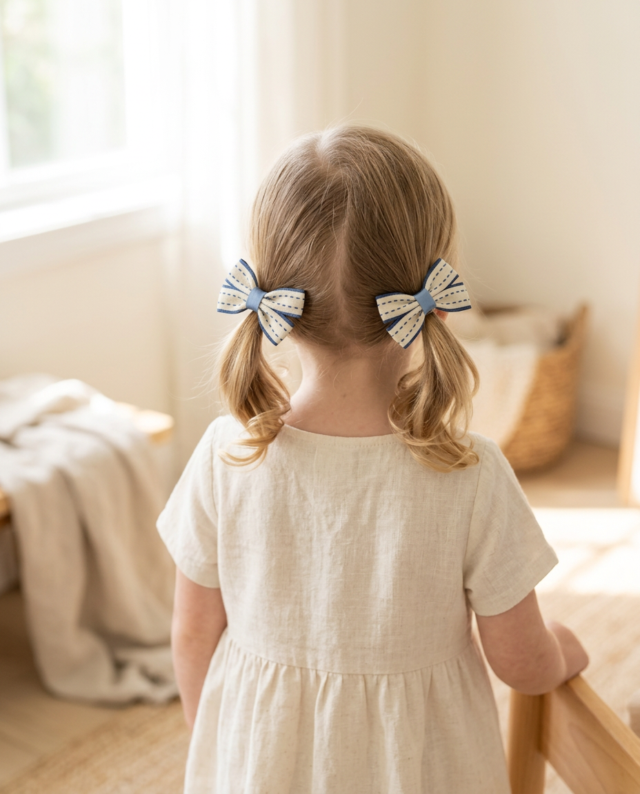 Nautical Stripe Ribbon Bow Set — worn in a child's hair