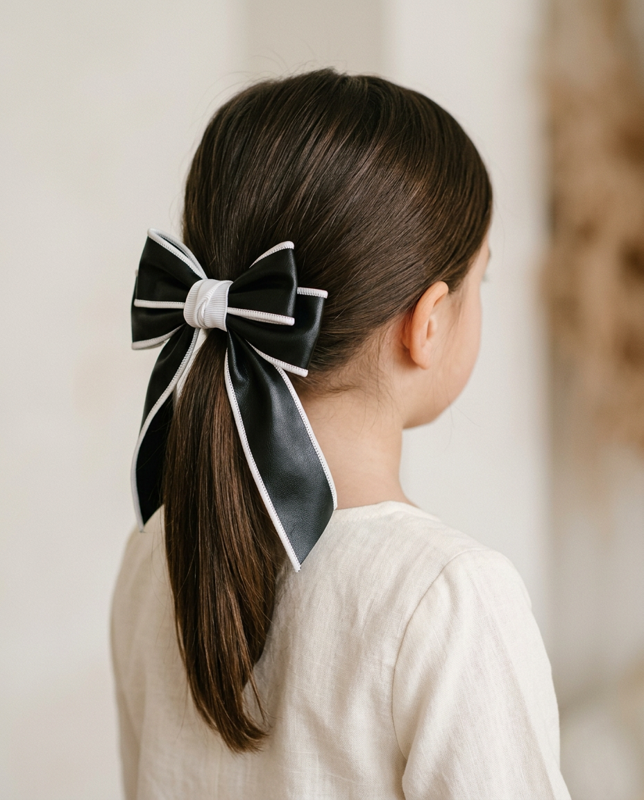 Noir Ivory-Trim Leather Sailor Bow — worn in a child's hair