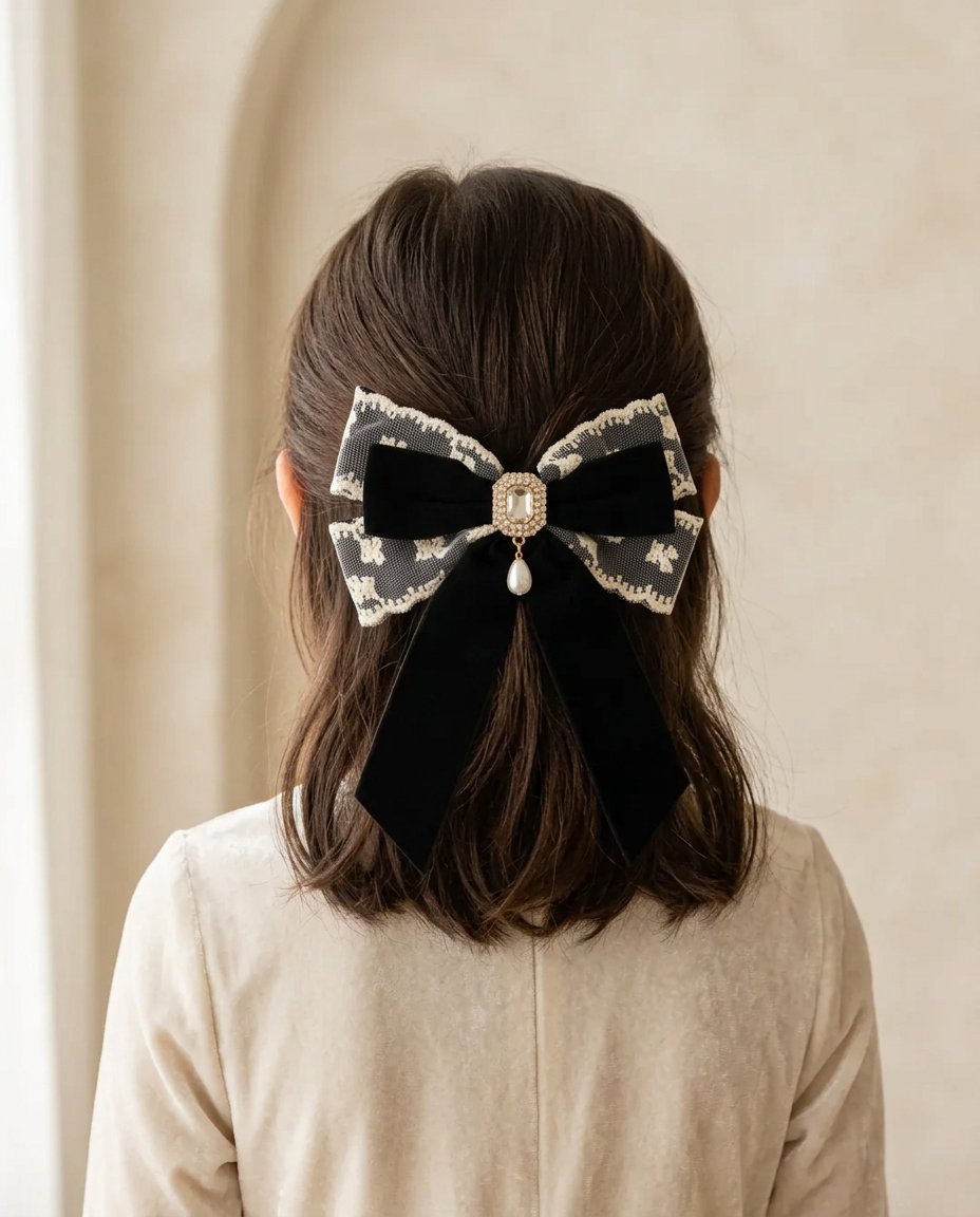Noir Velvet Jewel Bow — worn in a child's hair