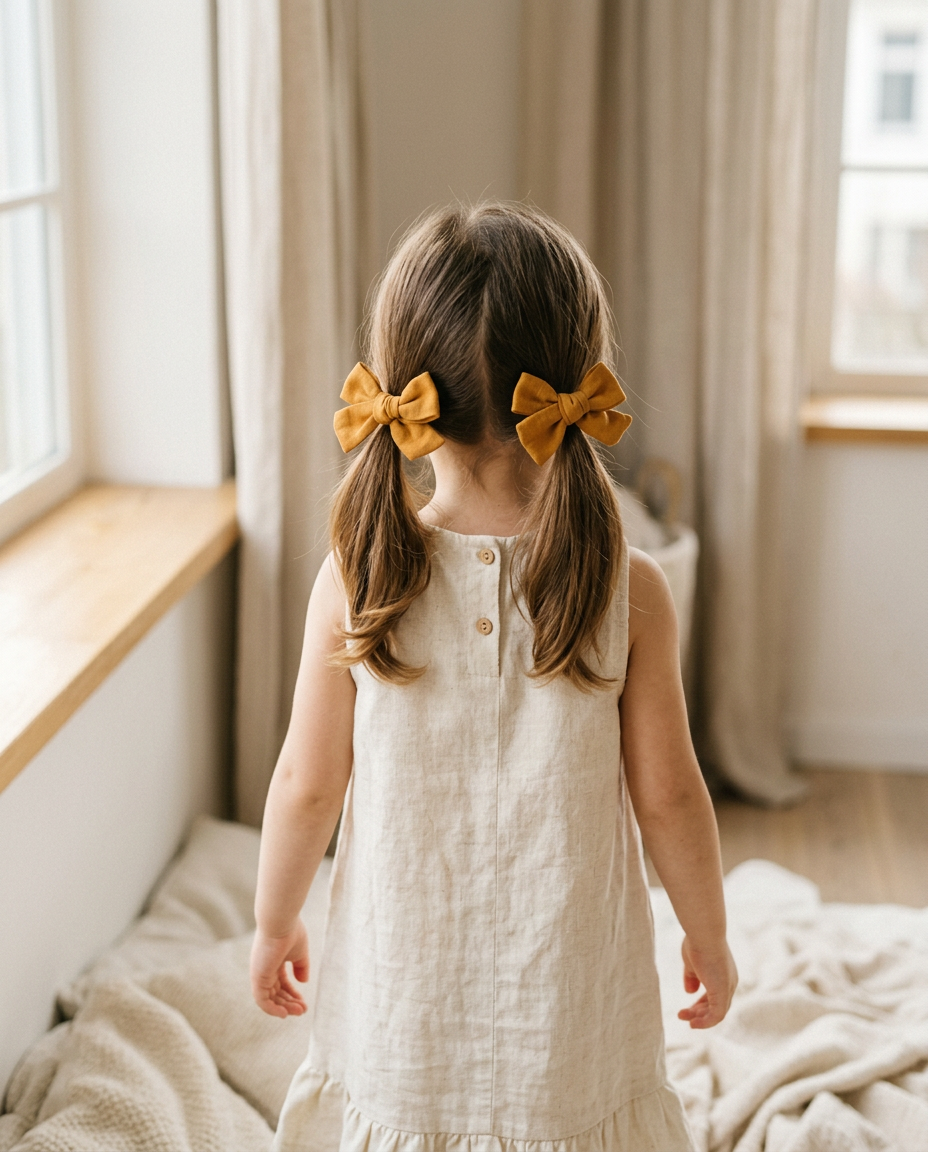 Golden Ochre Gauze Bow Set — worn in a child's hair