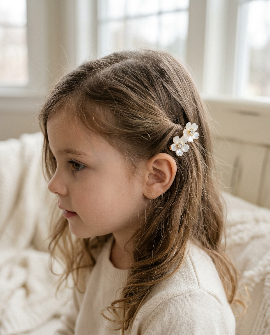 Opal Blossom Clip Set — worn in a child's hair