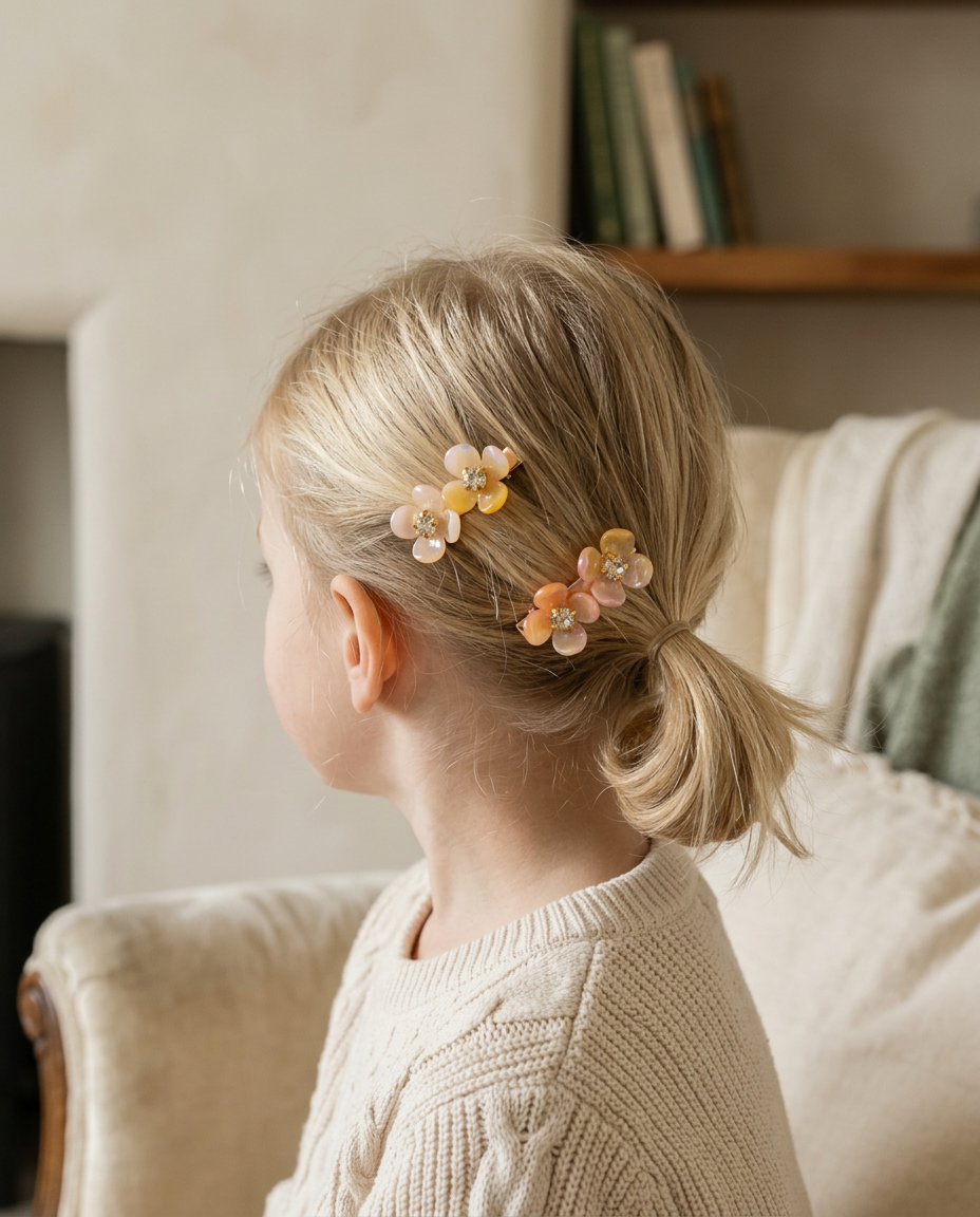 Opal Peach Blossom Clip Set — worn in a child's hair