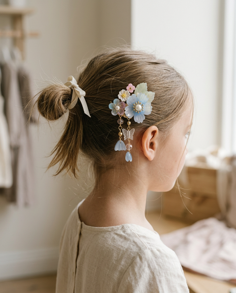 Pastel Bloom Butterfly Clip — worn in a child's hair