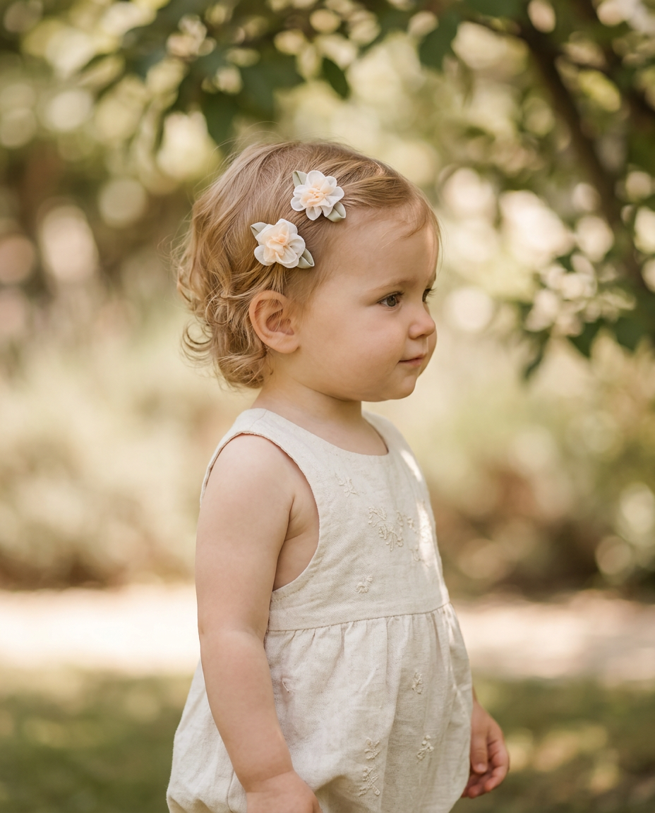 Peach Blossom Ribbon Clip Set — worn in a child's hair
