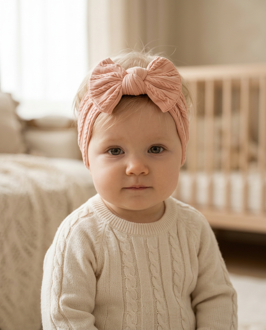 Peach Cable Knit Bow Headband — worn in a child's hair