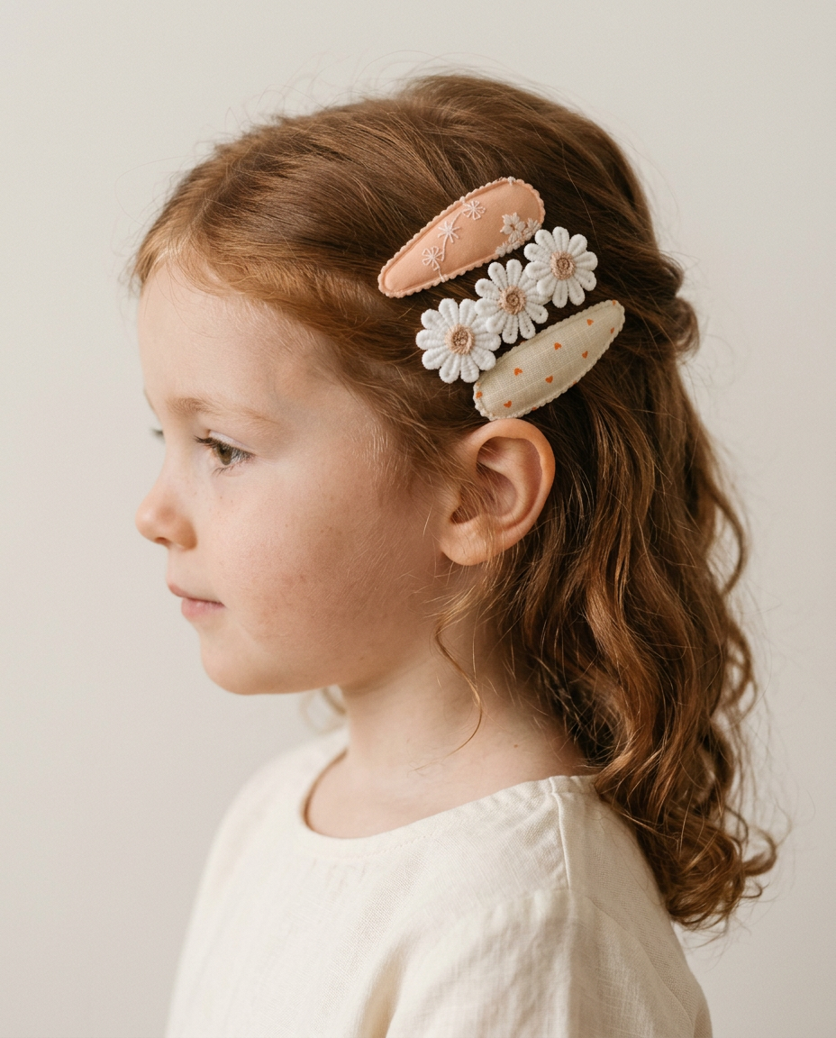 Peach Daisy & Heart Clip Set — worn in a child's hair