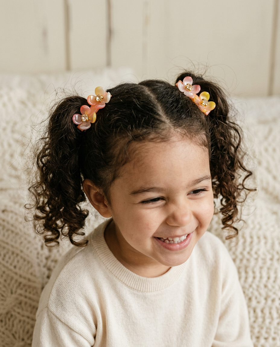 Peach Sorbet Bloom Clip Set — worn in a child's hair