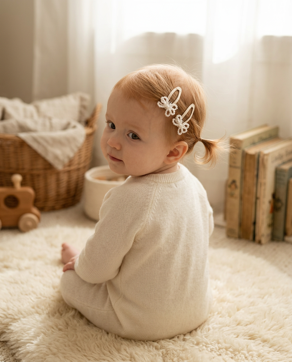 Pearl Blossom Snap Clip Set — worn in a child's hair
