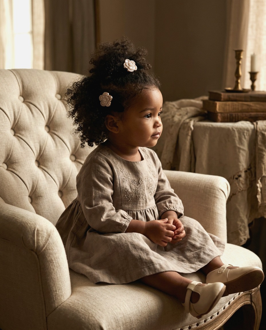 Pearl Camellia Velvet Clip Set — worn in a child's hair