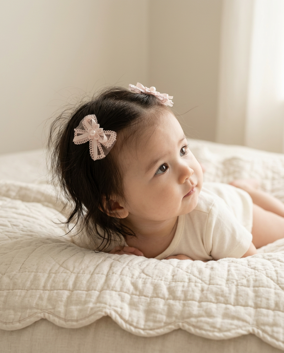 Pearl & Lace Bow Clip Set — worn in a child's hair