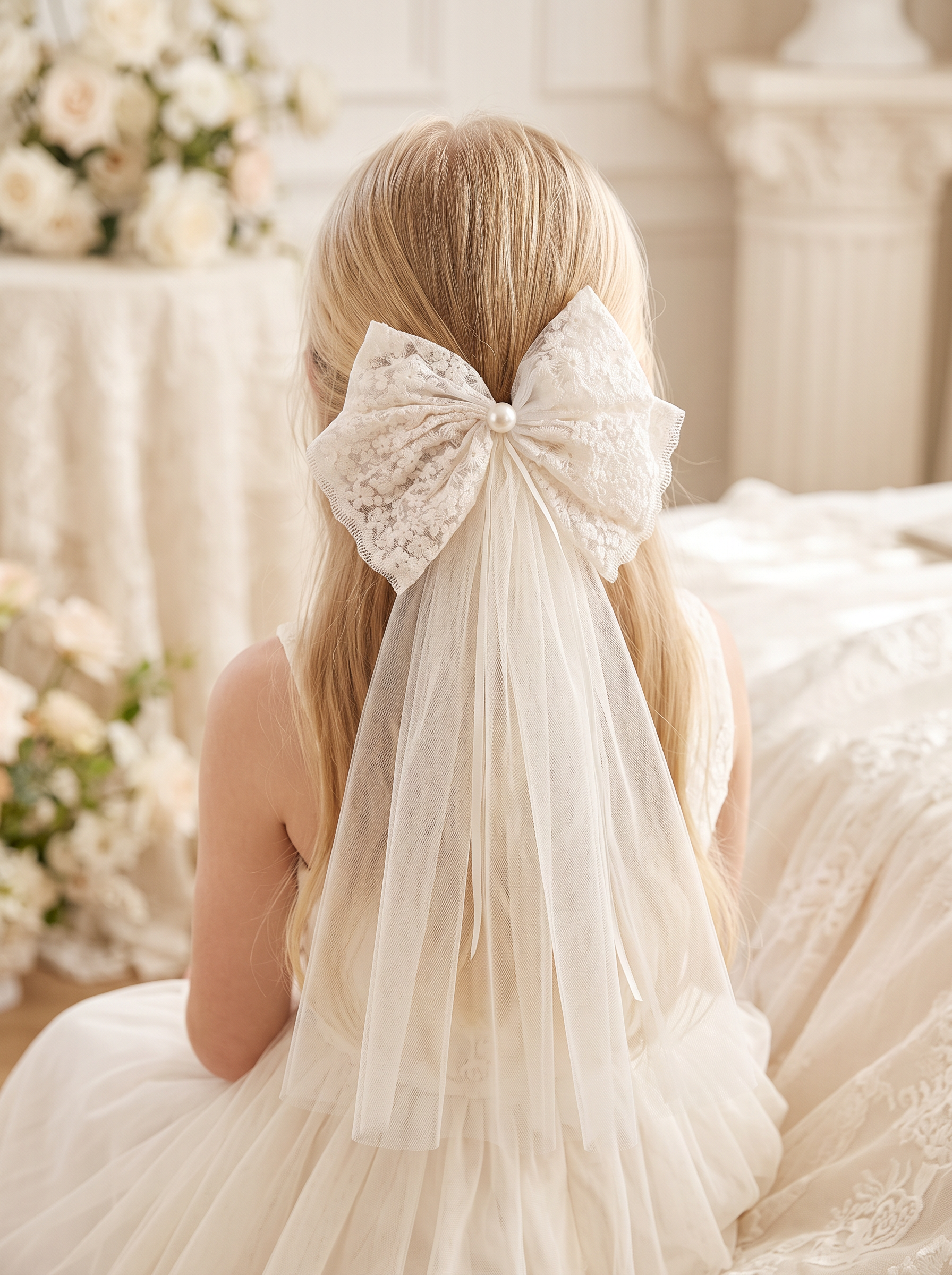 Pearl Lace Tulle Bow — worn in a child's hair