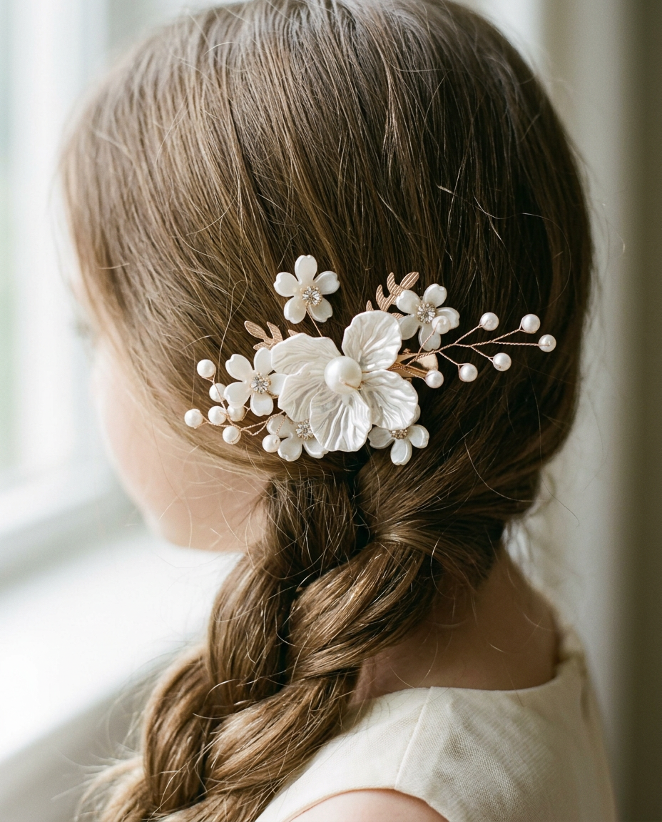 Pearl Orchid Blossom Clip — worn in a child's hair