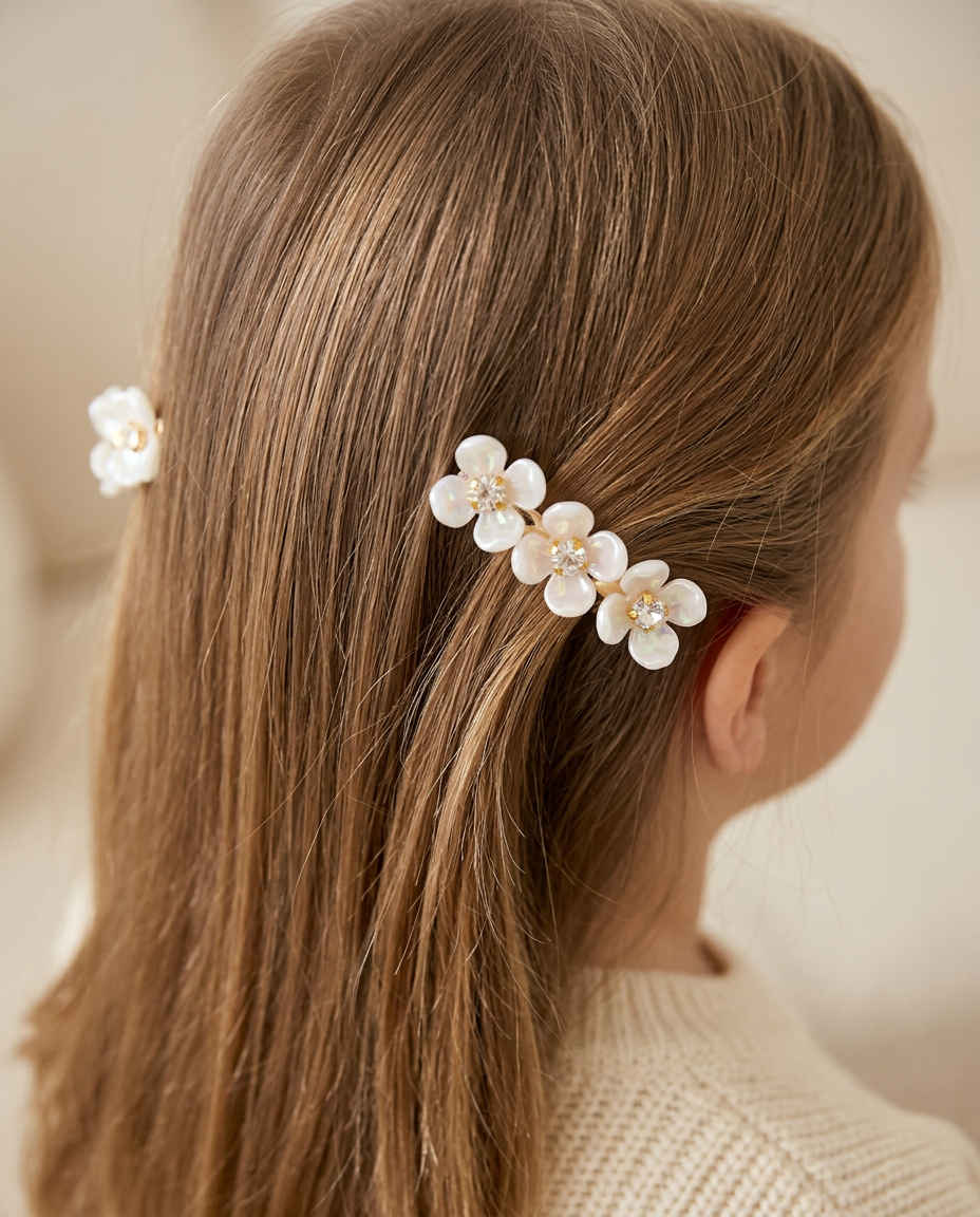 Pearl White Blossom Clip Set — worn in a child's hair