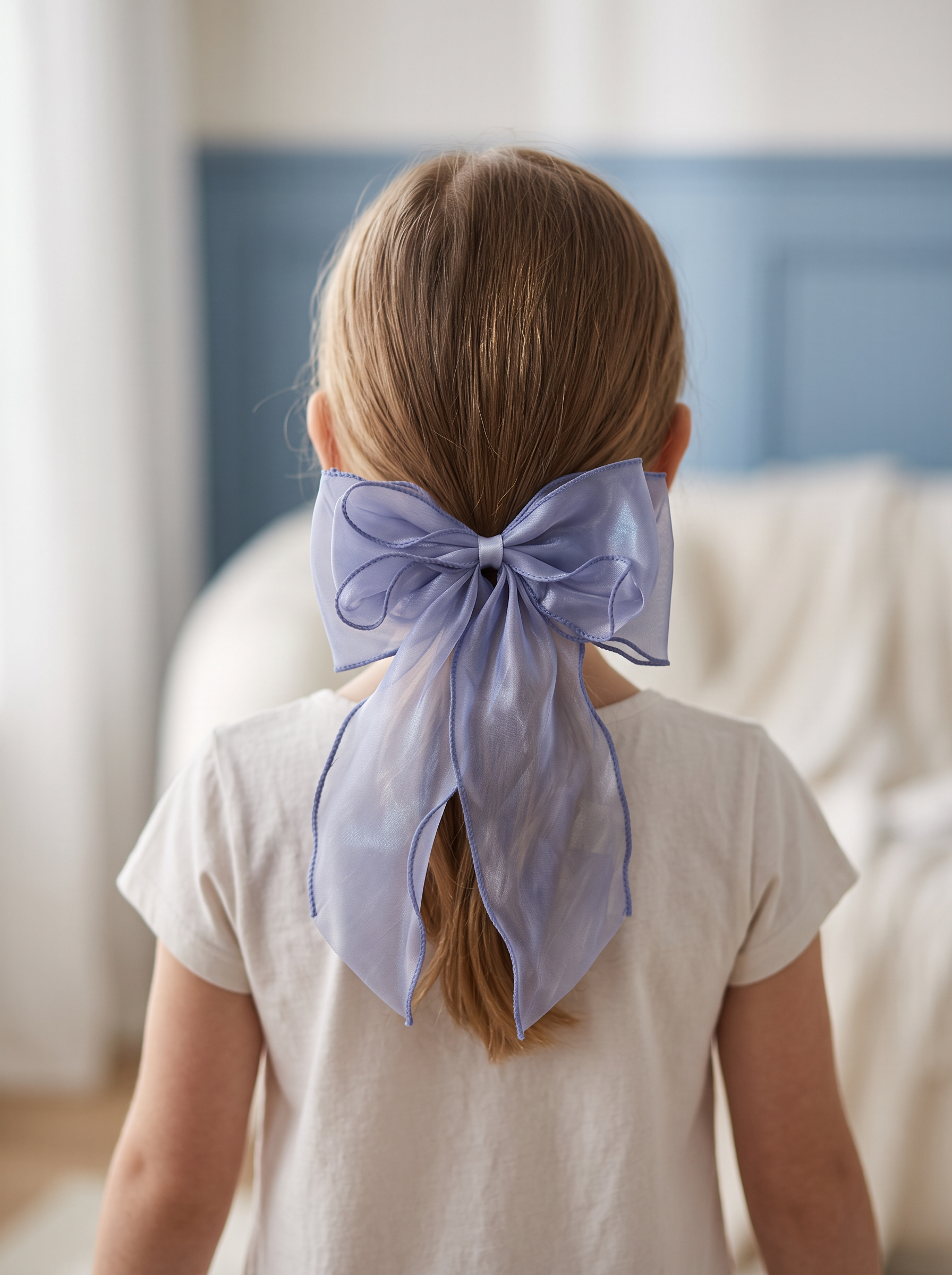 Periwinkle Organza Bow — worn in a child's hair