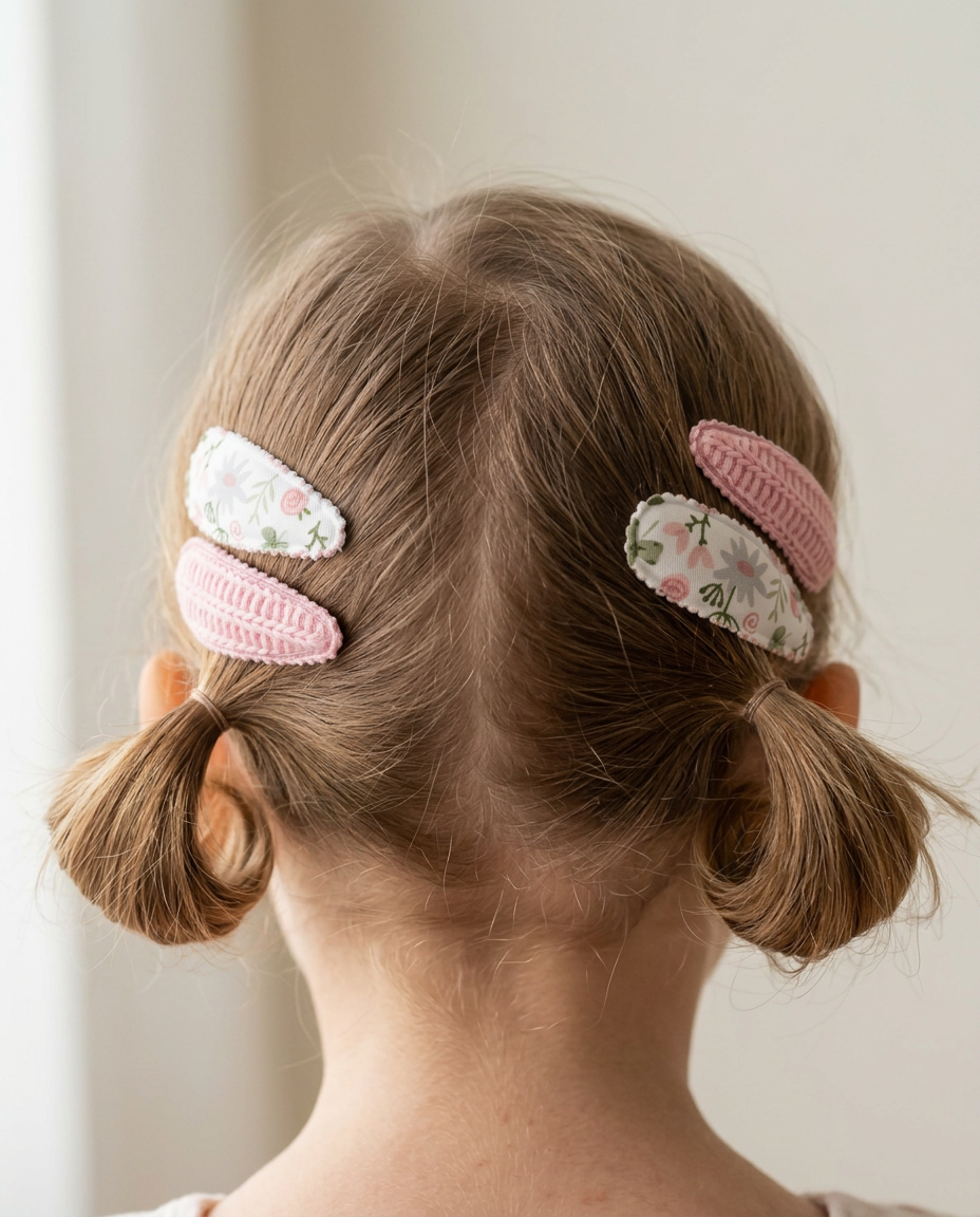 Pink Knit & Meadow Clip Set — worn in a child's hair