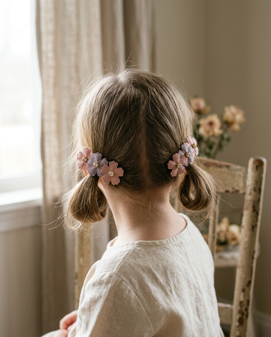Pink & Lilac Blossom Clip Set — worn in a child's hair