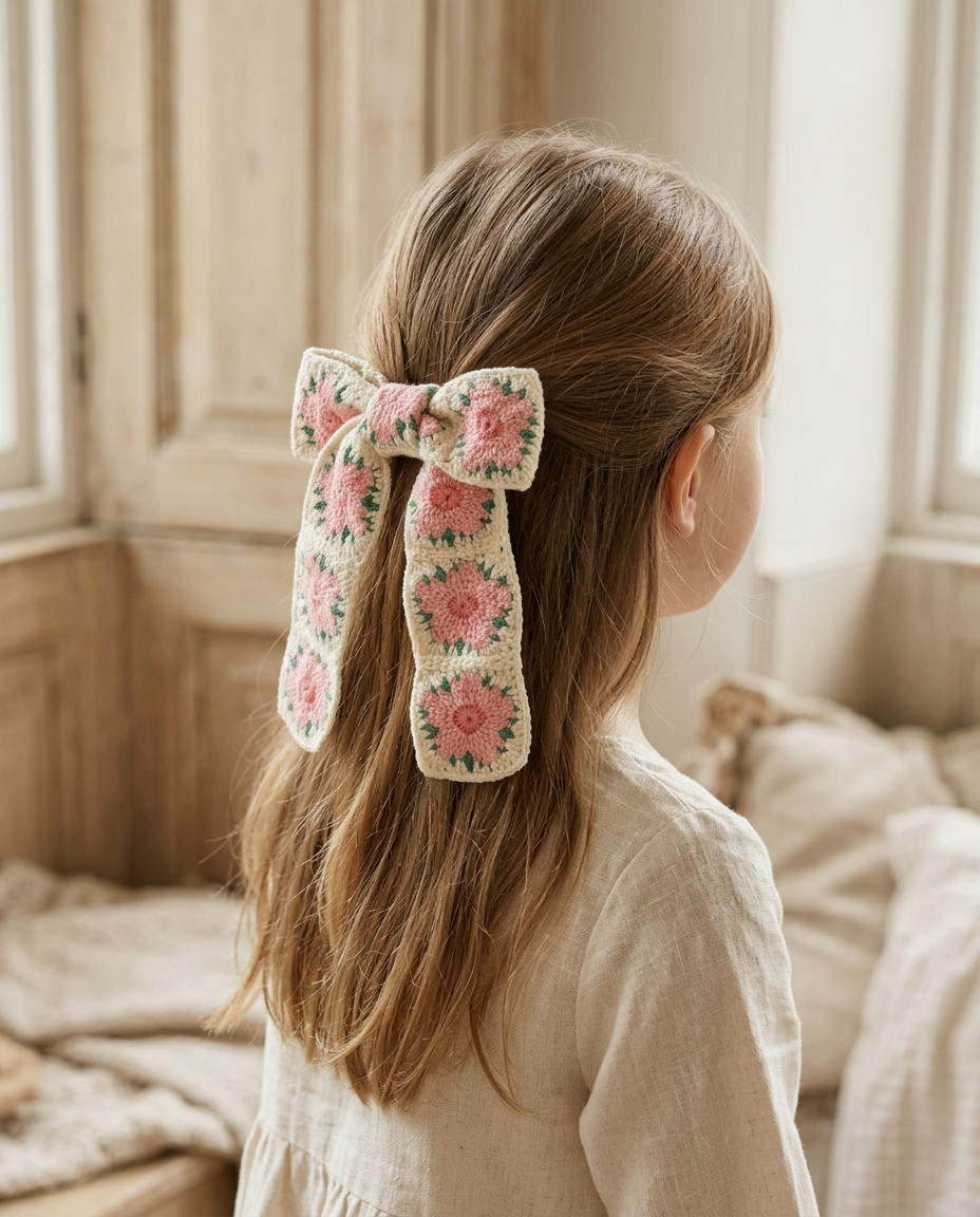 Pink Posy Crochet Sailor Bow — worn in a child's hair