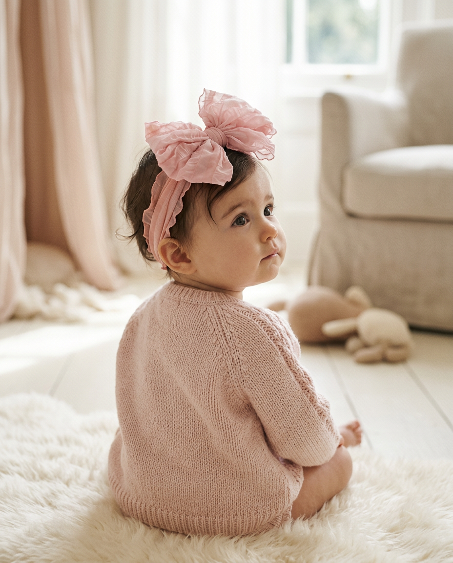 Pink Ruffle Tulle Bow Headband — worn in a child's hair