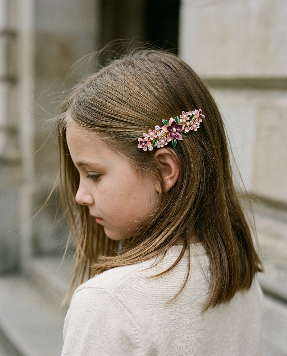 Plum Garden Enamel Barrette — worn in a child's hair