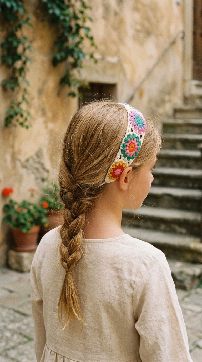 Rose Garden Granny Square Headband — worn in a child's hair